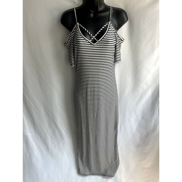Caution to the Wind Long Midi Maxi Striped Dress Nautical Size M Cold Shoulder - Picture 1 of 12